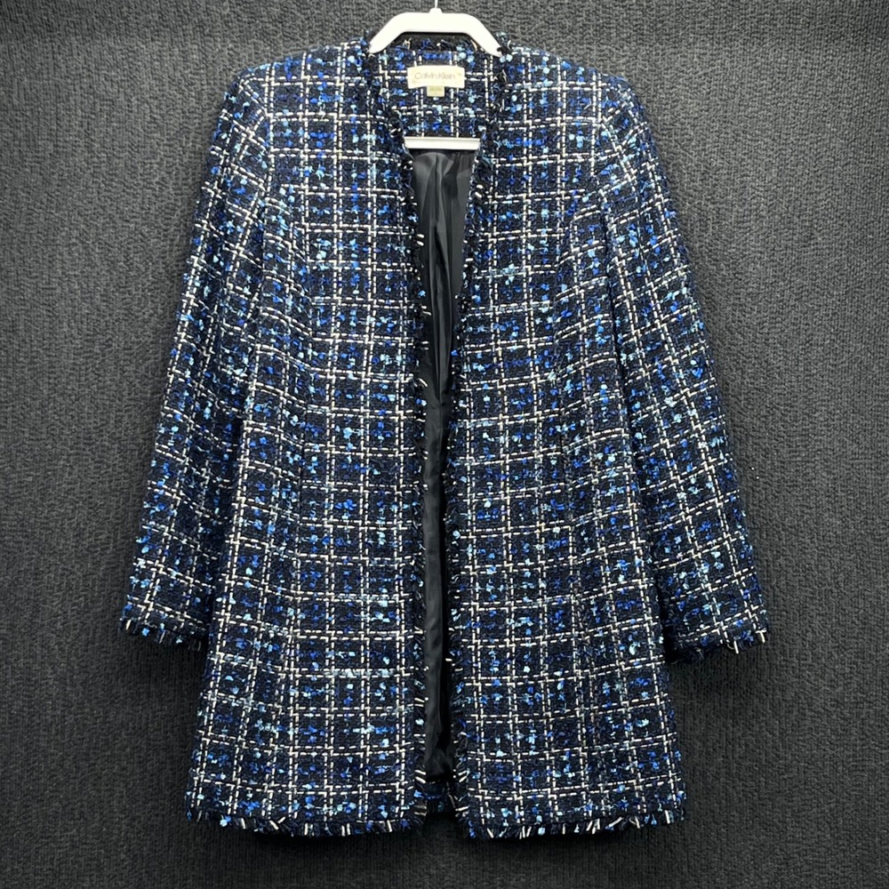Calvin Klein Navy Blue Metallic Tweed Open Front Longline Jacket Size 6